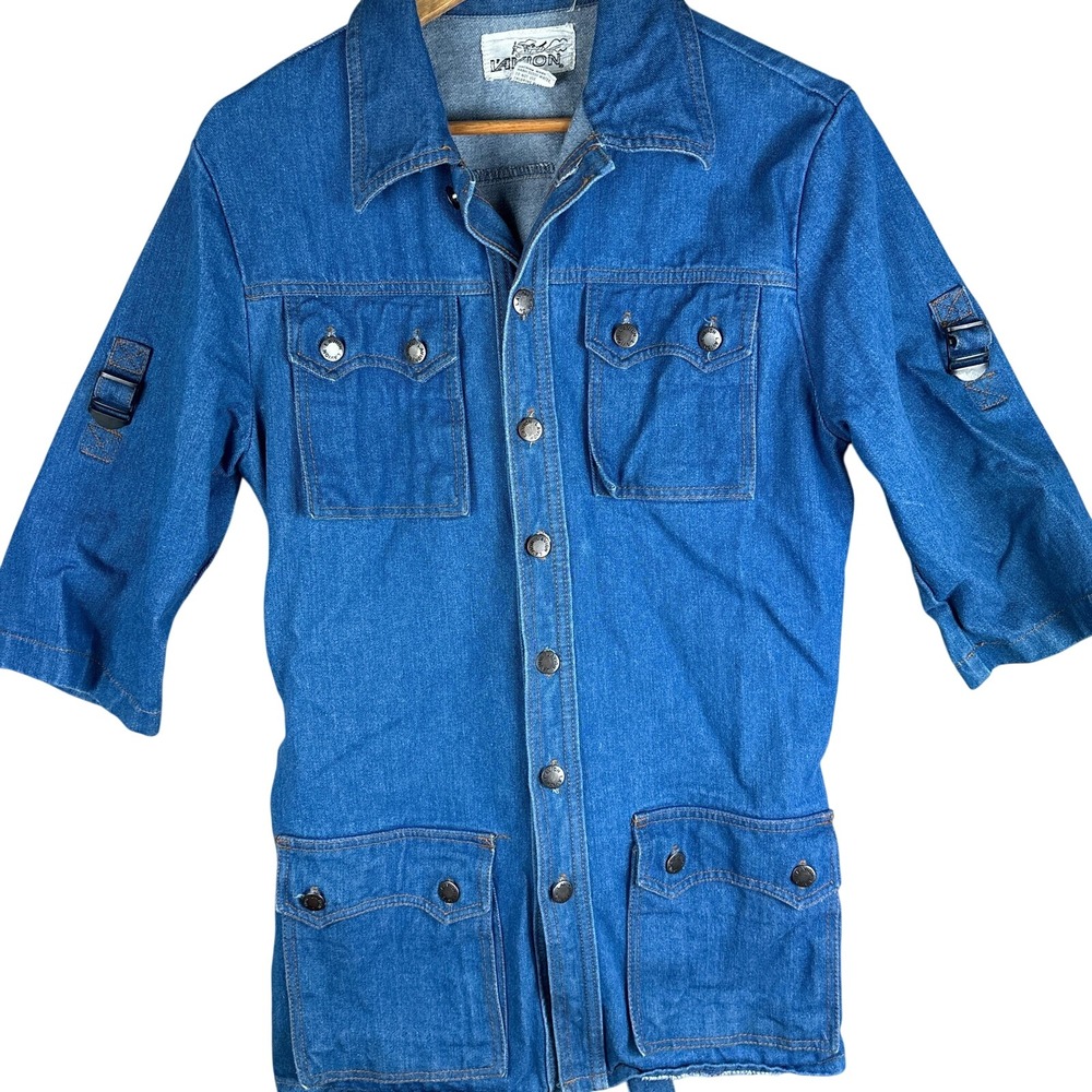 Vintage L'Avion Denim Button Chore Coat Womens Large Belted 3/4 Sleeve Jacket